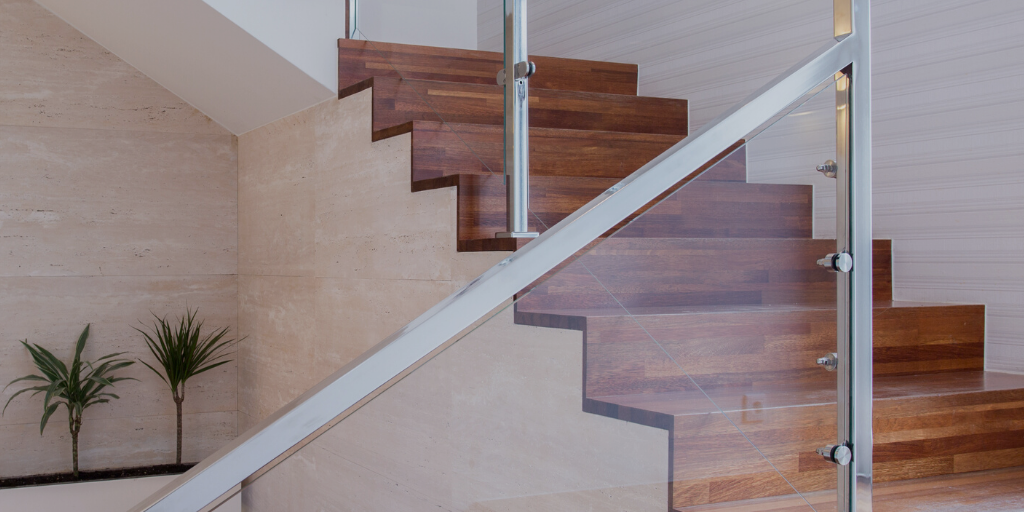 hardwood stairs in modern entryway